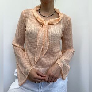 Vintage 100% Silk Sheer Peach Printed Tie Neck Long Sleeve Blouse Size M